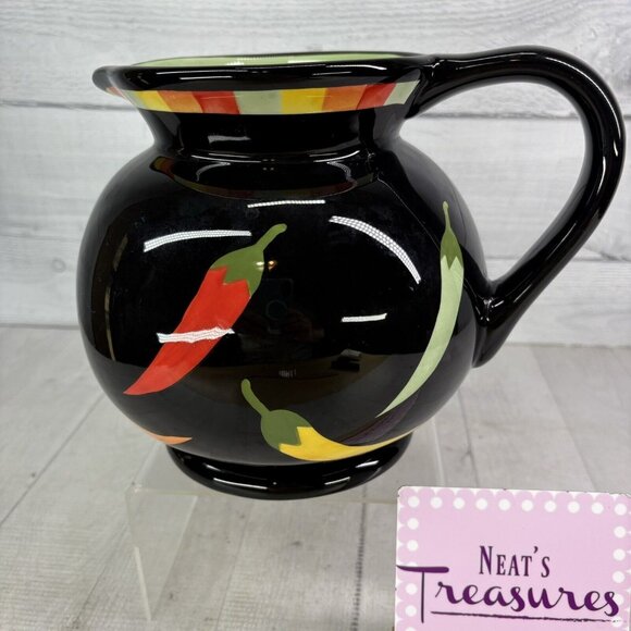 THE MAIN INGREDIENTS Black Ceramic Red Orange Green Chili Peppers 3.5Qt Pitcher - Picture 1 of 16